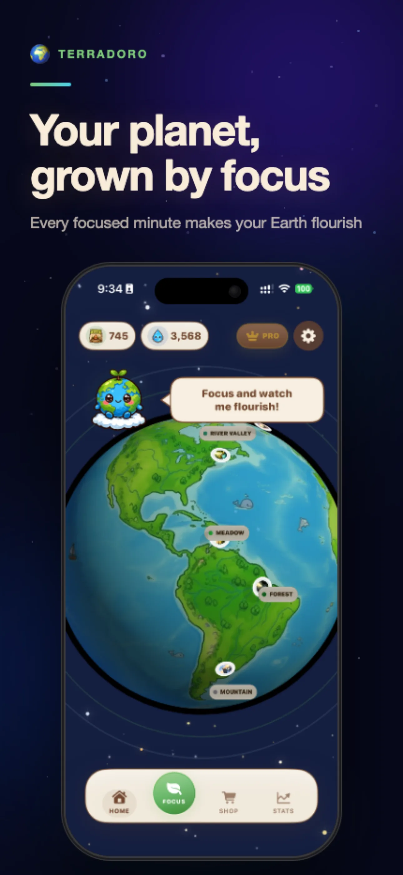 Terradoro app focus timer screen
